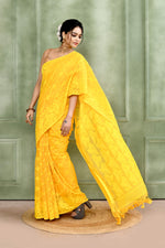 Thumbnail for Piyari Fashion Women's Yellow Embellished Cotton Blend Jamdani Saree - Distacart