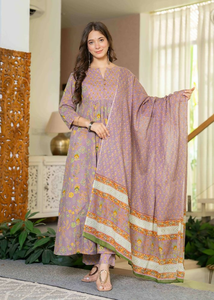 Jaimini Women Cotton Printed Round Neck 3/4 Sleeves Calf Length Flared Kurta Pant And Dupatta Set - Dista