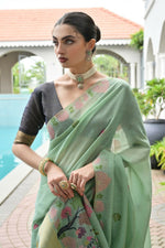 Thumbnail for Vishnu Weaves Women's Sea-Green Muga Cotton Thread Weaving Saree with Blouse
