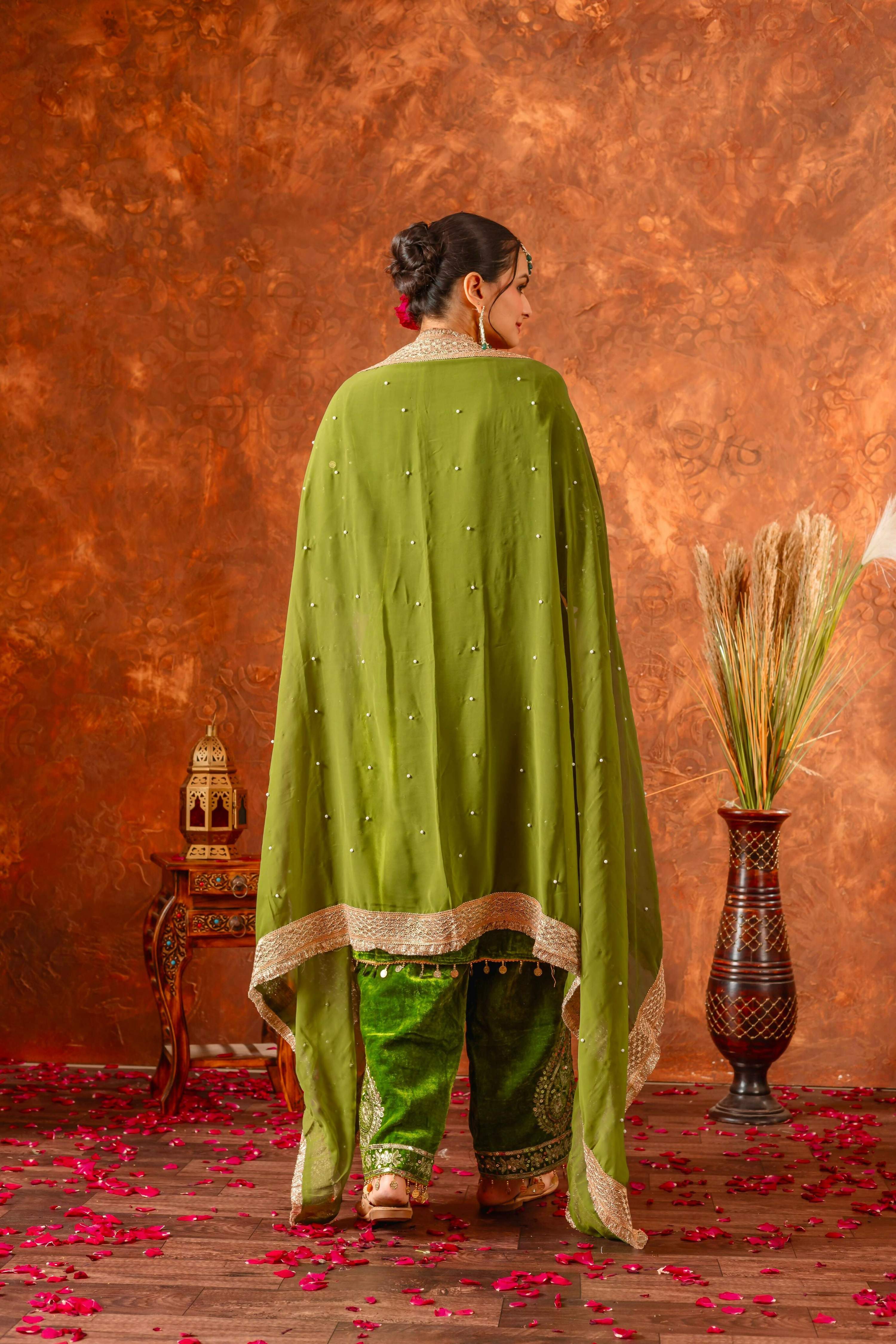 Joban Fashion Olive Green Velvet Embroidery Kurta Set