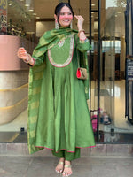 Thumbnail for The52 Light Green Women's Gorgeous Embroidered Work Chanderi Fabric Flared Kurta Pant and Dupatta Set - Distacart
