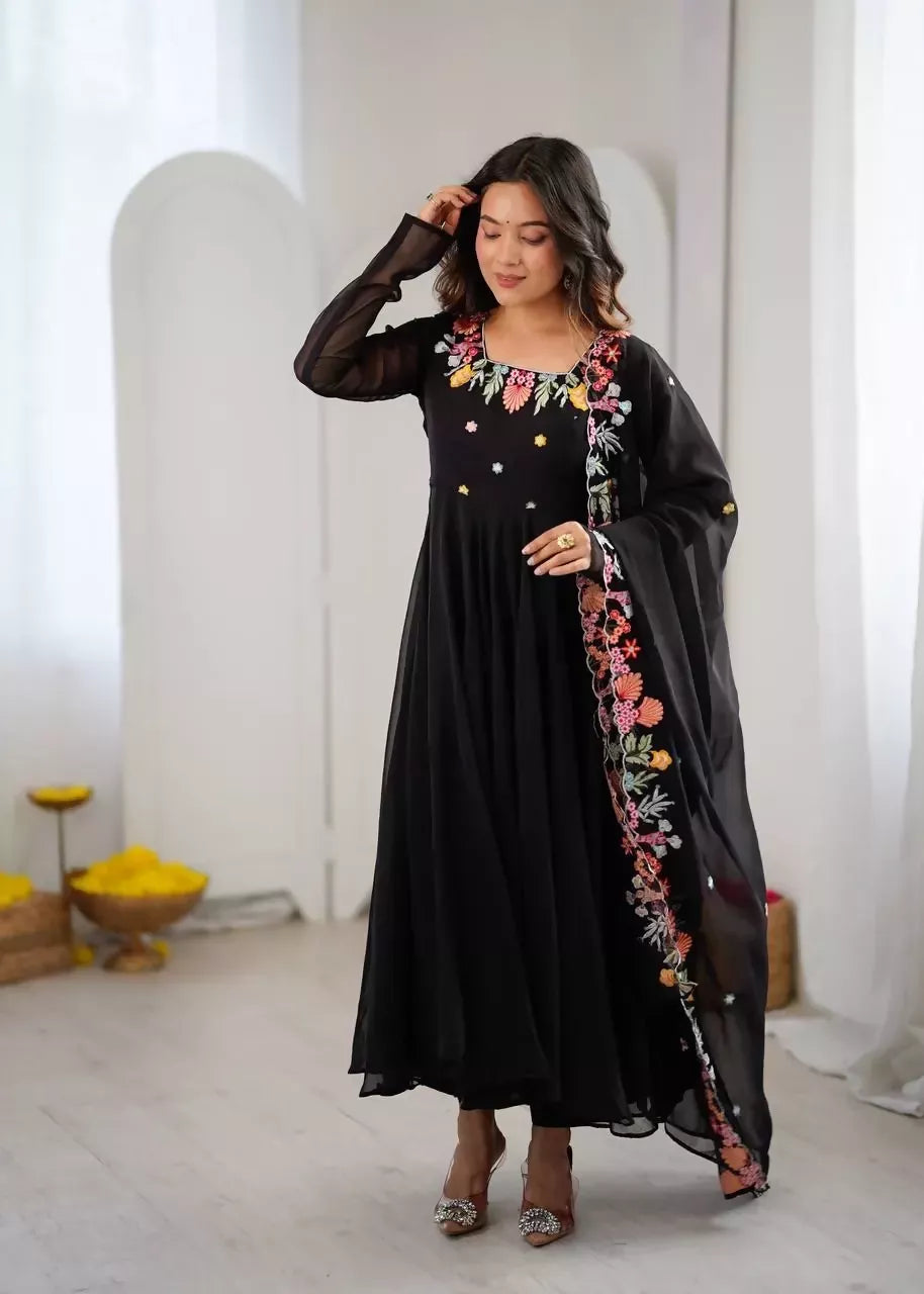 Teeya Creation Women Black Georgette Anarkali Suit with Heavy Thread Embroidery Work, Straight Pant & Dupatta Set
