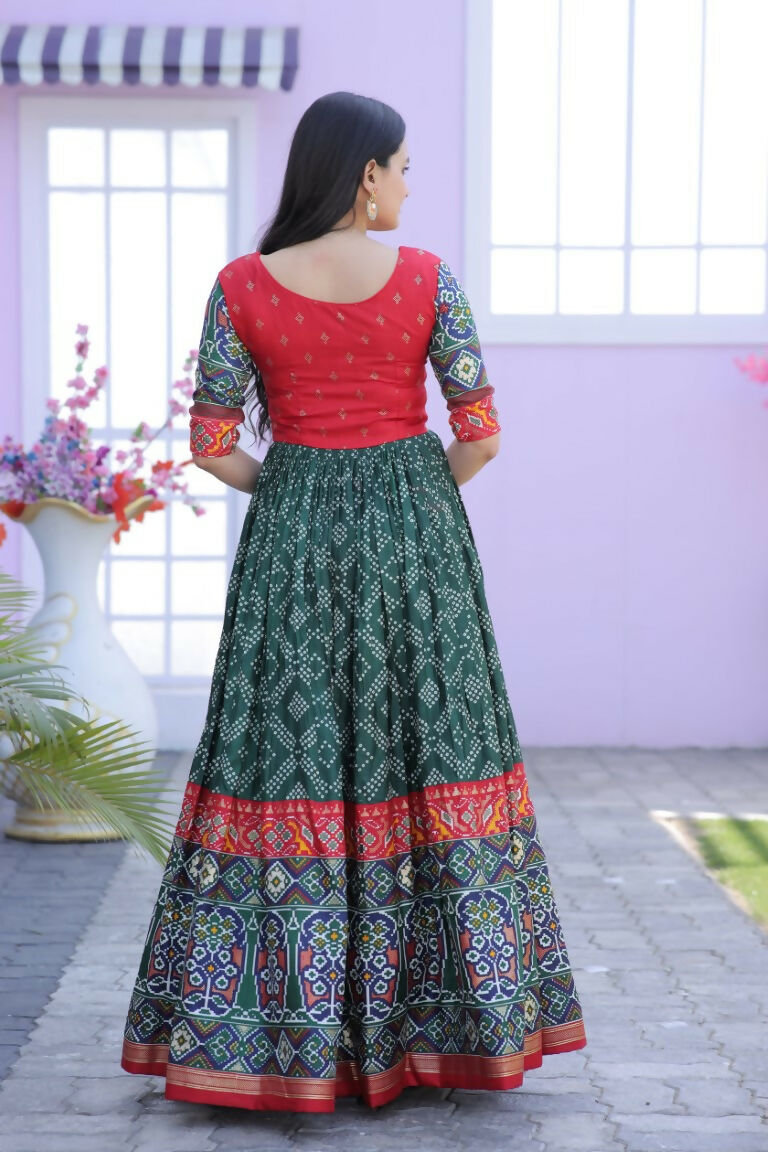 Jyoti Fashion Women's Bottle Green Patola with Foil Print Dola Silk Anarkali Dress - Distacart