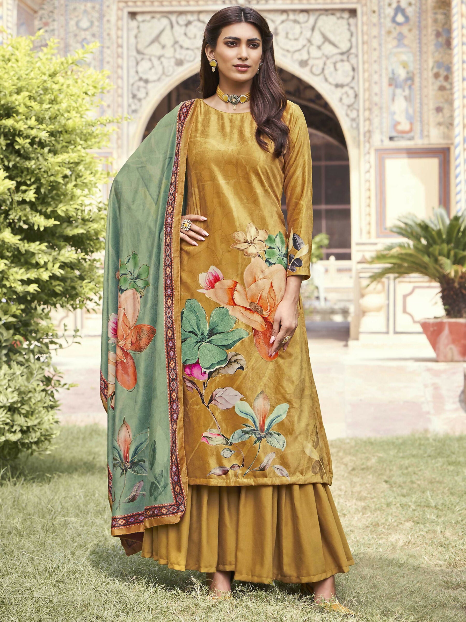Jyoti Fashion Women's Mustard Velvet Floral Digital Printed Kurta with Trouser & Dupatta - Distacart