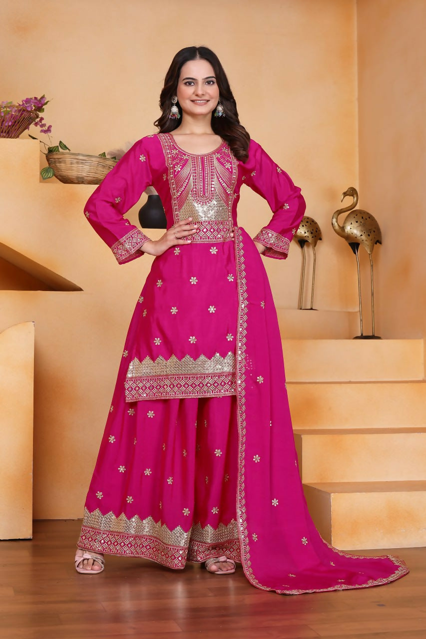 Joban Fashion Pink Silk Embroidered Sharara Set - Distacart