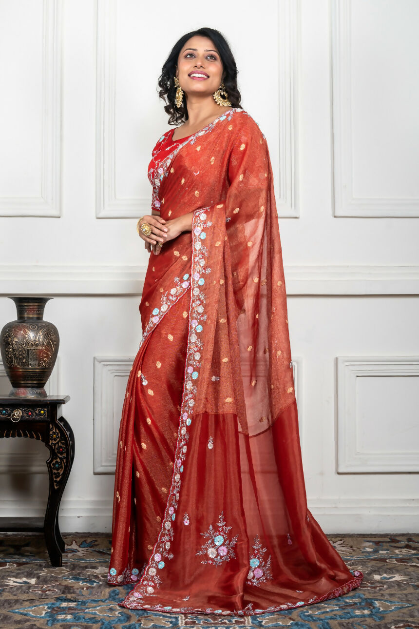 Morchari Rust Red Pure Chiffon Hand Embroidery Saree And Stitched Blouse