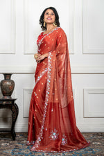 Thumbnail for Morchari Rust Red Pure Chiffon Hand Embroidery Saree And Stitched Blouse