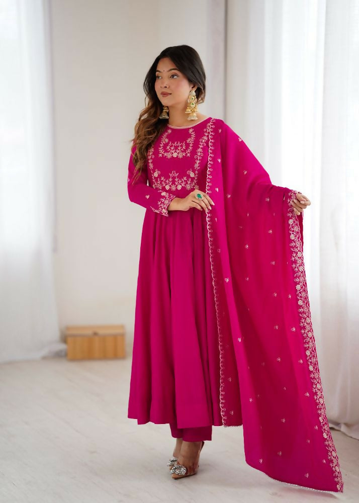 The52 Women's Beautiful Embroidery Work Roman Chanderi Silk Fabric Flared Anarkali Pant and Dupatta Set - Distacart