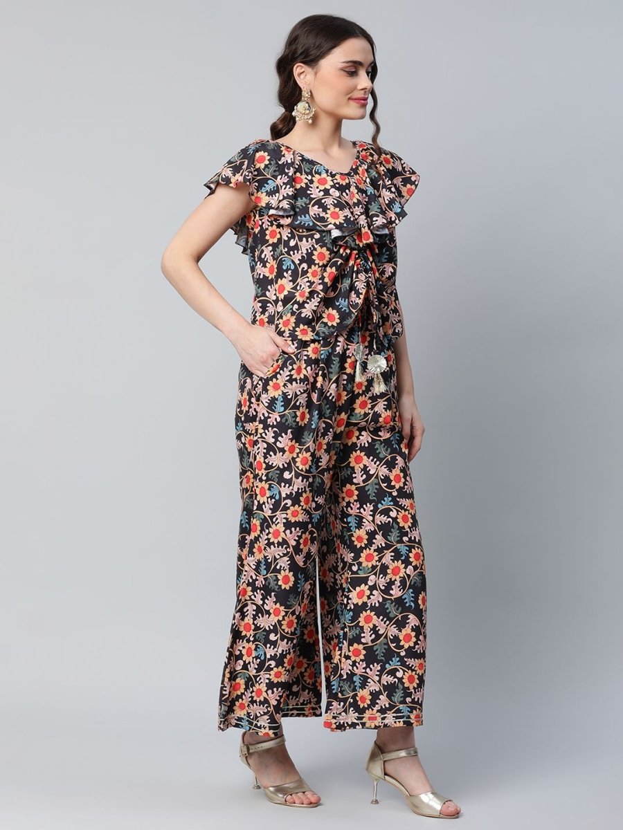 Ahalyaa Women Black Crepe Digital Print Top with Palazzo Set - Distacart