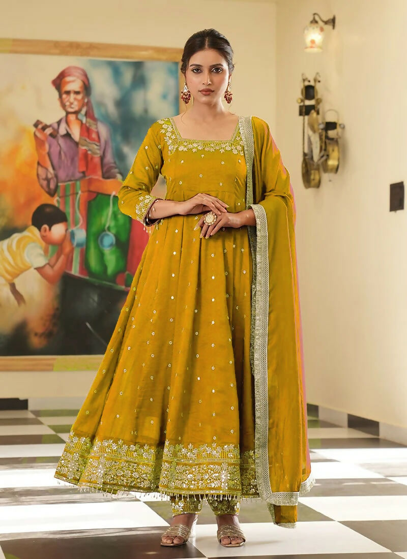 Teeya Creation Yellow Color Pure Vichitra Silk Embroidery Work Party Wear Gown