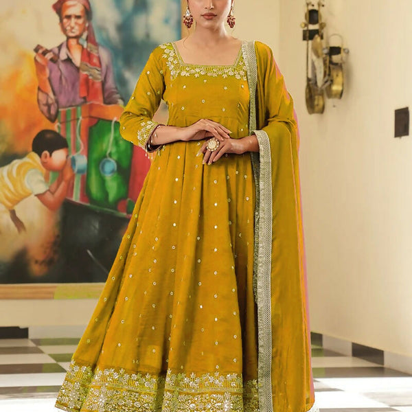 Teeya Creation Yellow Color Pure Vichitra Silk Embroidery Work Party Wear Gown - Distacart