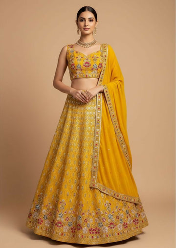 Lehenga Mart Yellow Faux Georgette Designer Bollywood Style Wedding Wear Lehenga Choli - Dista