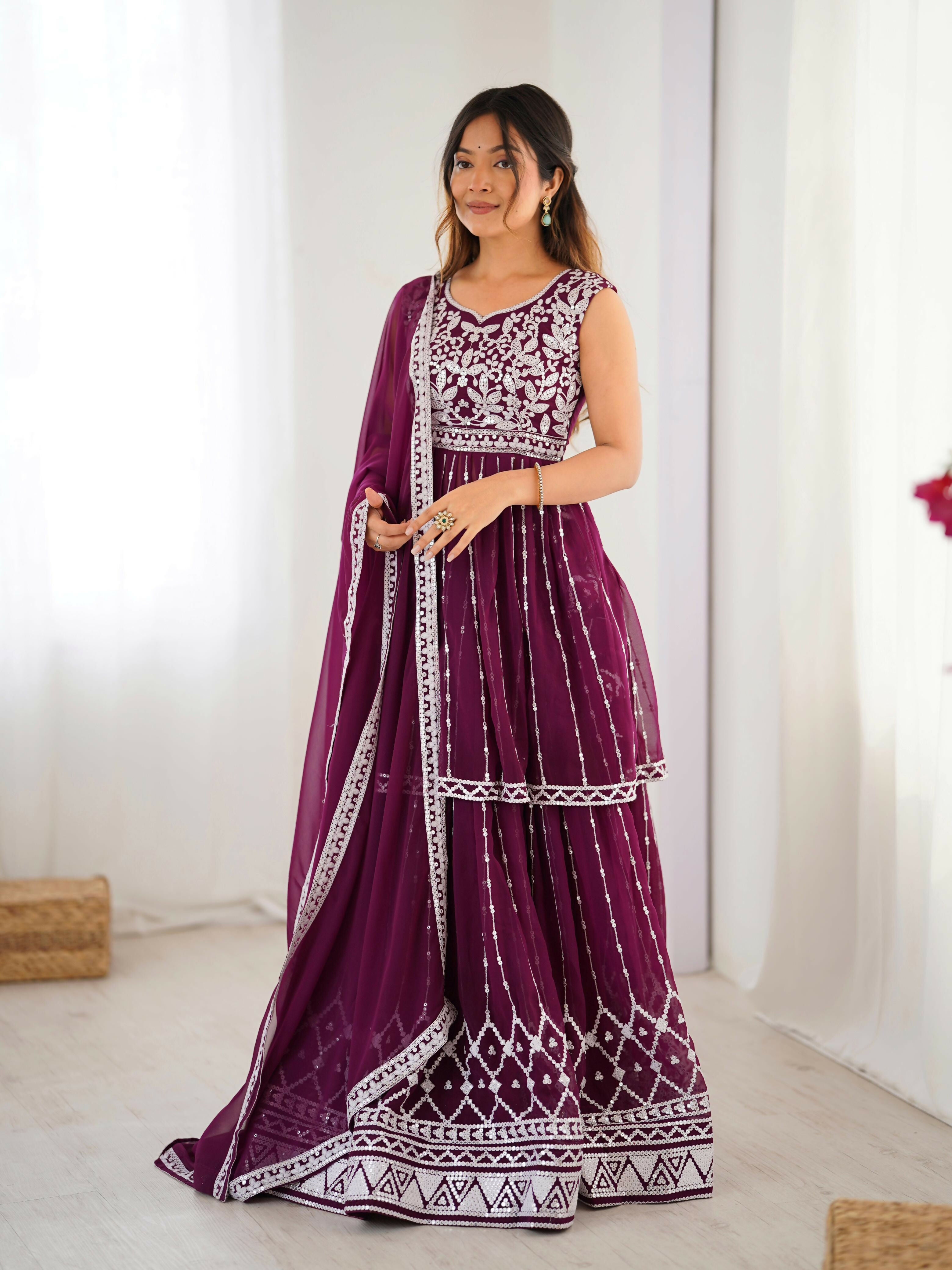 Joban Fashion wine Lehenga Georgette Coding Dori with Sequence with Rivet Moti
