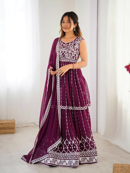 Joban Fashion wine Lehenga Georgette Coding Dori with Sequence with Rivet Moti