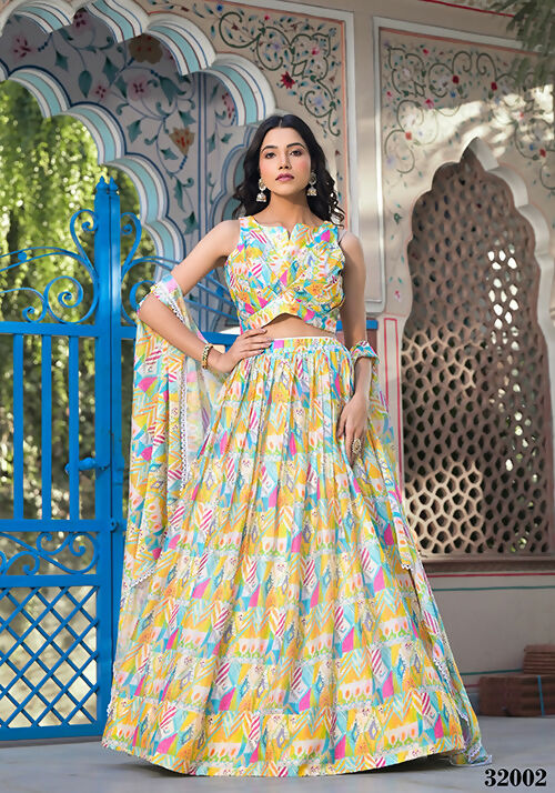 Wedding Partywear Yellow Slim Georgette Lehenga Choli with Shrug- Shehnaaz - Distacart