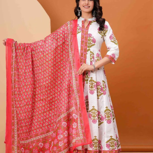 Jaimini Women Cotton Printed Mandarin Collar Neck Calf Length Flared Kurta Pant And Dupatta Set - Dista