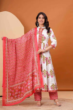 Thumbnail for Jaimini Women Cotton Printed Mandarin Collar Neck Calf Length Flared Kurta Pant And Dupatta Set - Dista