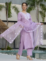 Thumbnail for The52 Lavender Women's Beautiful Thread work Rayon Fabric with Straight Kurta, Pant and Dupatta Set - Distacart