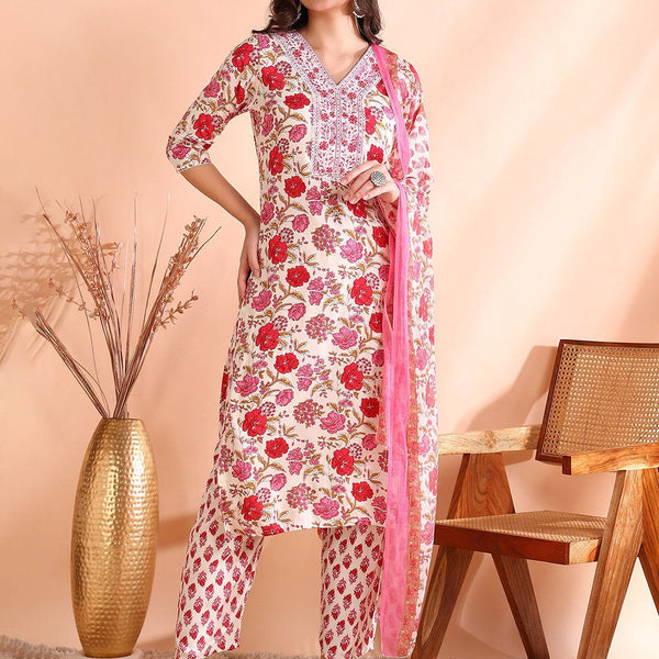 Ode by House of Pataudi Floral Printed Pure Cotton Straight Kurta with Trousers & Dupatta - Distacart