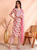 Thumbnail for Ode by House of Pataudi Floral Printed Pure Cotton Straight Kurta with Trousers & Dupatta - Distacart