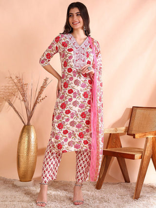 Ode by House of Pataudi Floral Printed Pure Cotton Straight Kurta with Trousers & Dupatta - Distacart