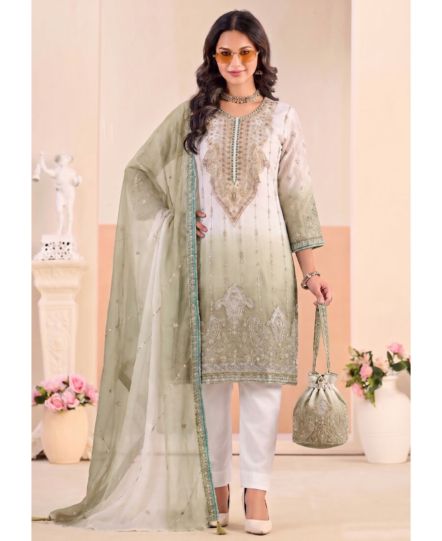 KC Designer Green Ombre Straight Suit For Women With Hand Embroidery - Dista
