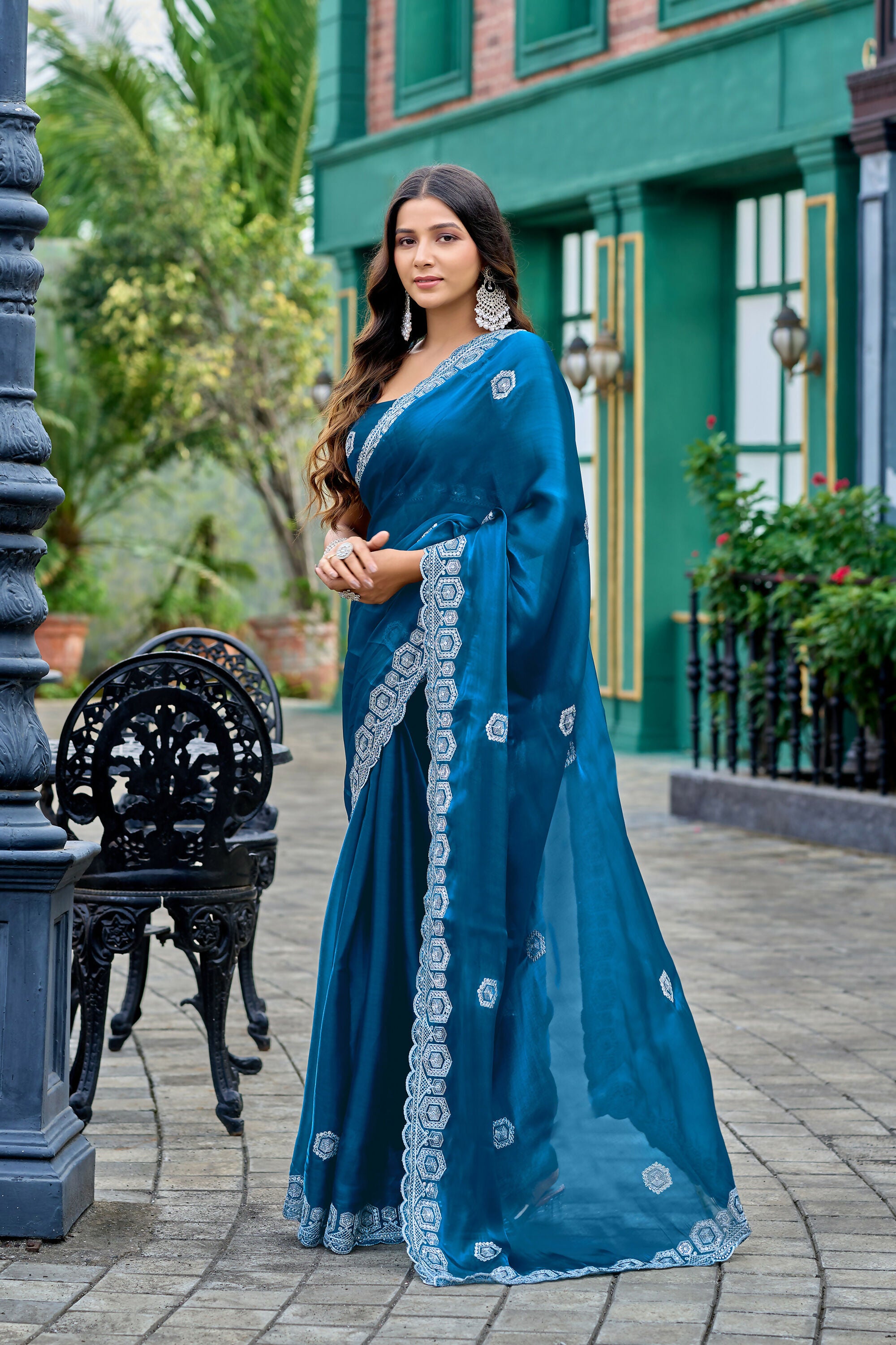 Vastranavya Teal Embroidery Work Shimmer Chiffon Saree with Unstitched Blouse