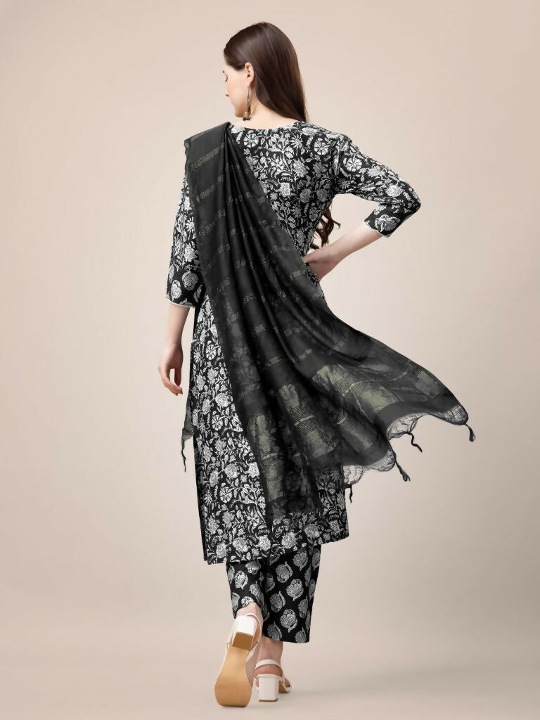 Jyoti Fashion Women's Black Rayon Print with Embroidery & Fancy Lace Work Kurta with Trouser & Dupatta - Distacart