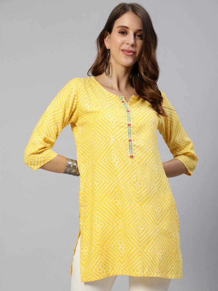 Anubhutee Yellow & White Bandhani Printed Kurti - Distacart