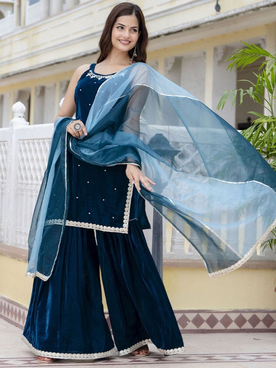 Anouk Women Embroidered Empire Beads and Stones Velvet Kurti with Sharara & With Dupatta - Distacart