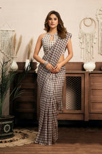 Thumbnail for Joban Fashion Beige Checked Linen Ready To Wear Saree With Unstitched Blouse - Distacart