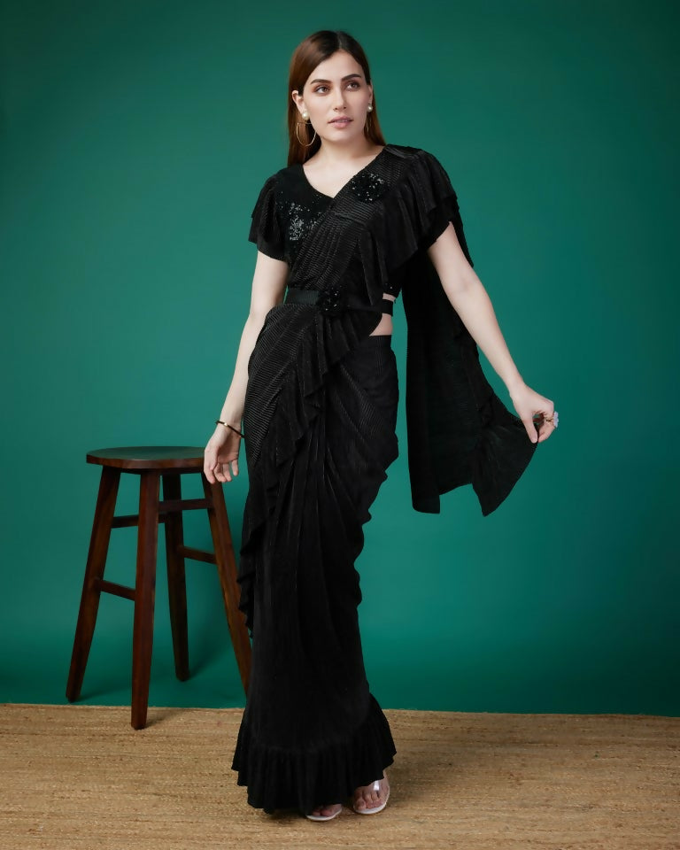 Black Imported Crush Solid Ready to Wear Saree with stitched Blouse - Aayan - Distacart