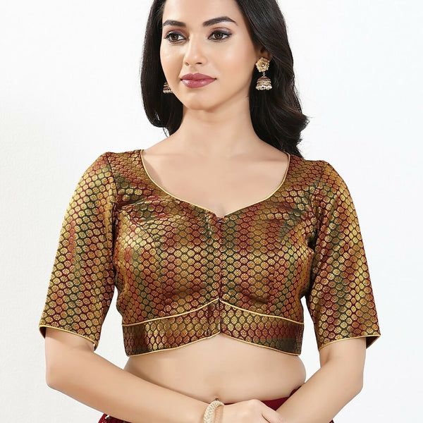 Joban Fashion Dark Maroon Brocade Padded Blouse With Sweetheart Neck Elbow Sleeves