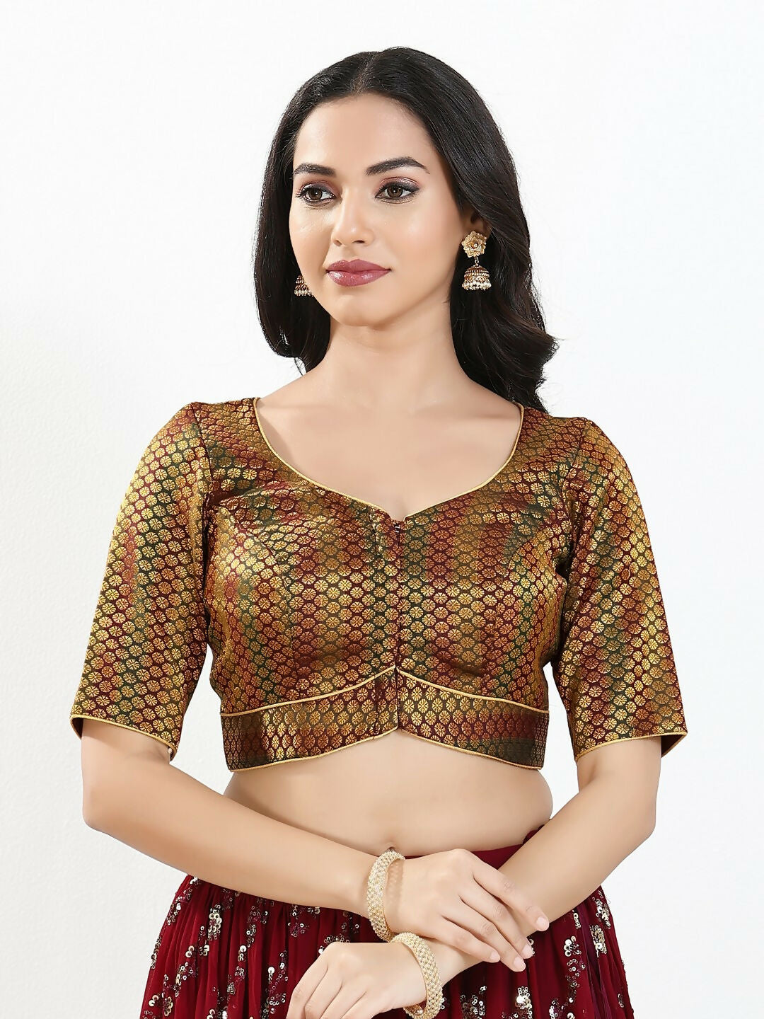 Joban Fashion Dark Maroon Brocade Padded Blouse With Sweetheart Neck Elbow Sleeves - Distacart