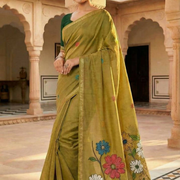 Vastranavya Yellow Muga Cotton Meenakari & Azarakh Pallu Saree with Contrast Blouse - Distacart