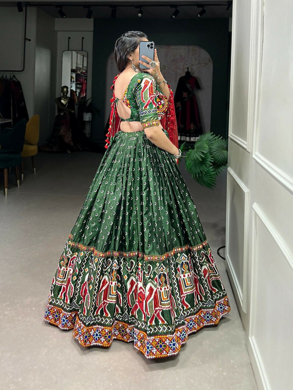 Vastranavya Navaratri Special Dola Silk Patola Print With Gamthi Work Lace Border Lehenga with Stitched Blouse - Green - Distacart