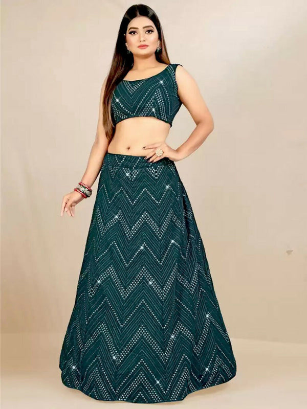 Jyoti Fashion Classy Bottle Green Georgette 3MM Sequins with Thread Embroidery Lehenga Choli with Dupatta - Distacart