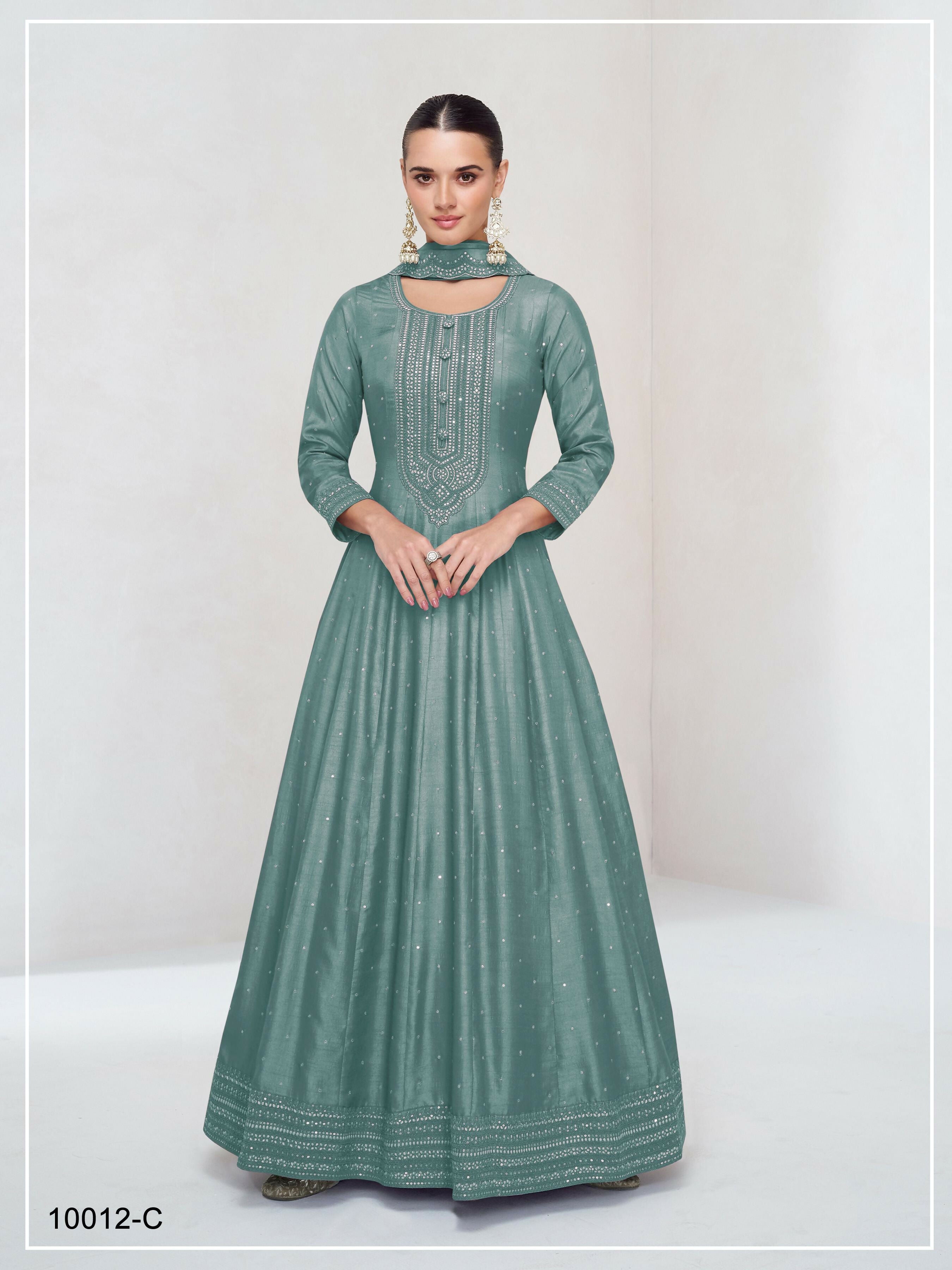 Teeya Creation Teal Color Heavy Vichitra Silk Embroidery Work Long Gown - Distacart