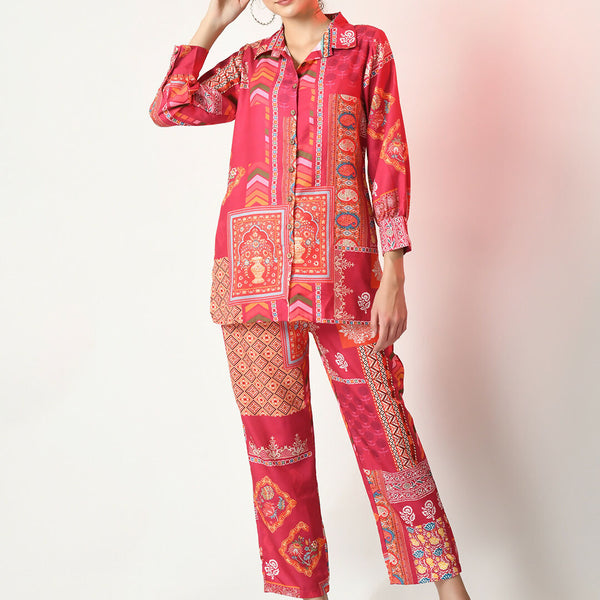 Myshka Women's Pink Printed Shirt With Trousers - Distacart