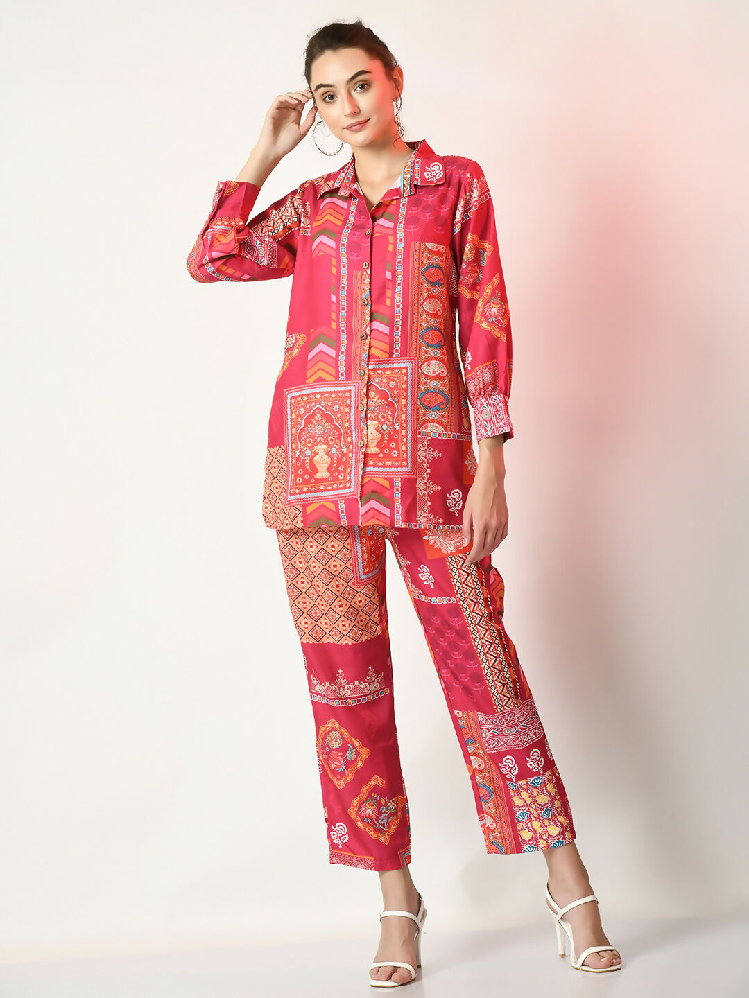 Myshka Women's Pink Printed Shirt With Trousers - Distacart