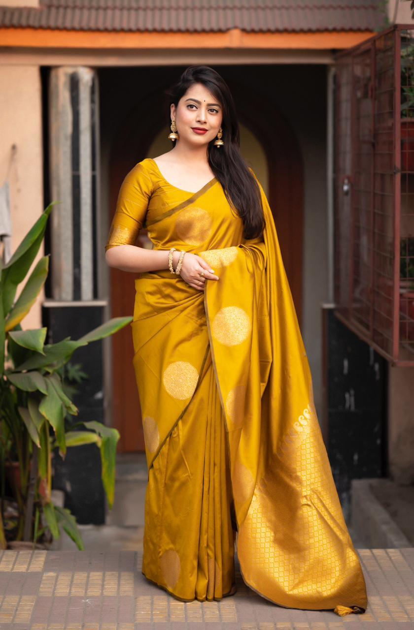 Mustard Silk Woven Saree with Unstitched Blouse - Hiral Fashion - Distacart