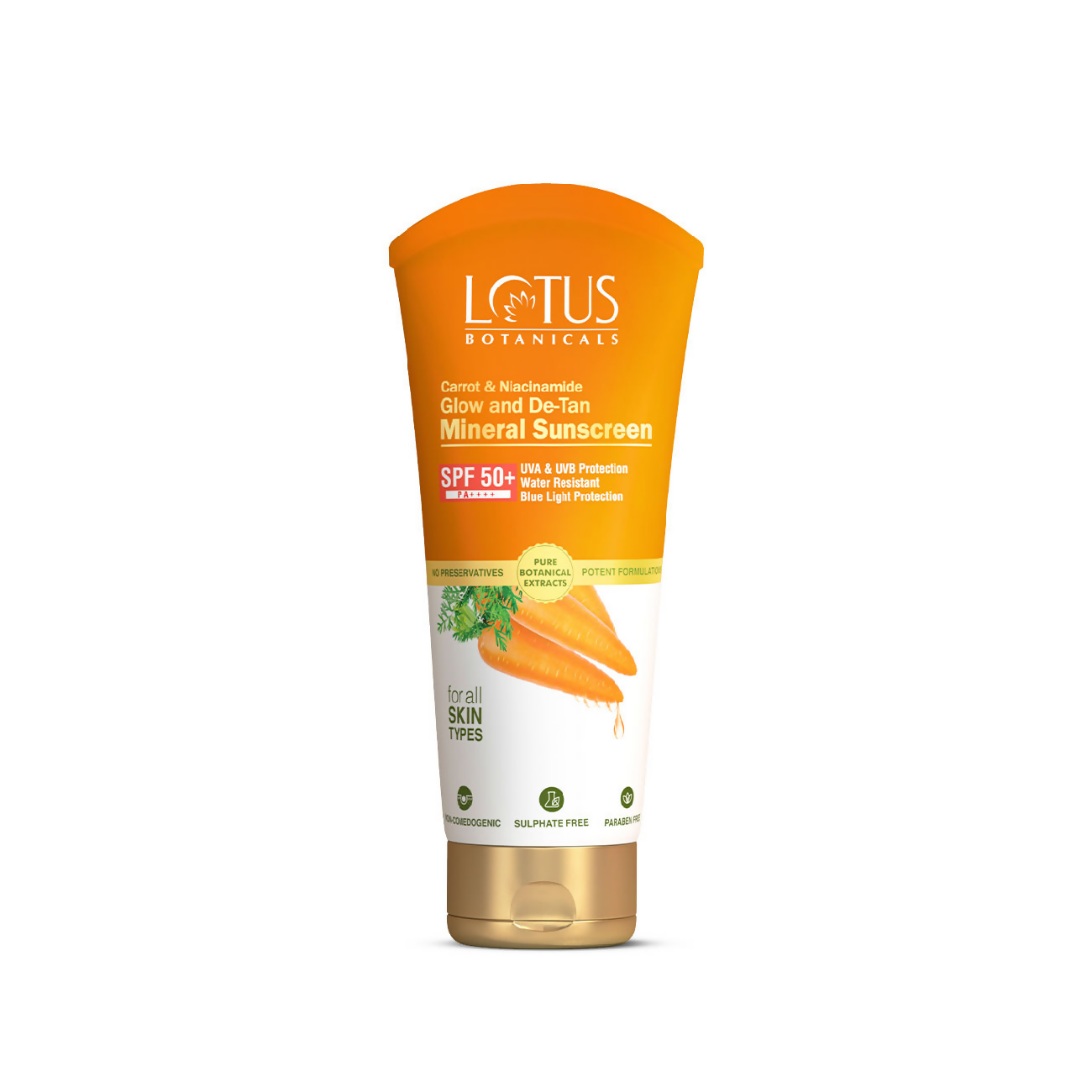 Lotus Botanicals Carrot & Niacinamide Glow and De-Tan Mineral Sunscreen, SPF 50+, PA++++ - Distacart