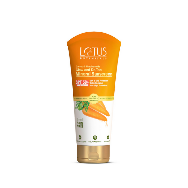 Lotus Botanicals Carrot & Niacinamide Glow and De-Tan Mineral Sunscreen, SPF 50+, PA++++ - Distacart
