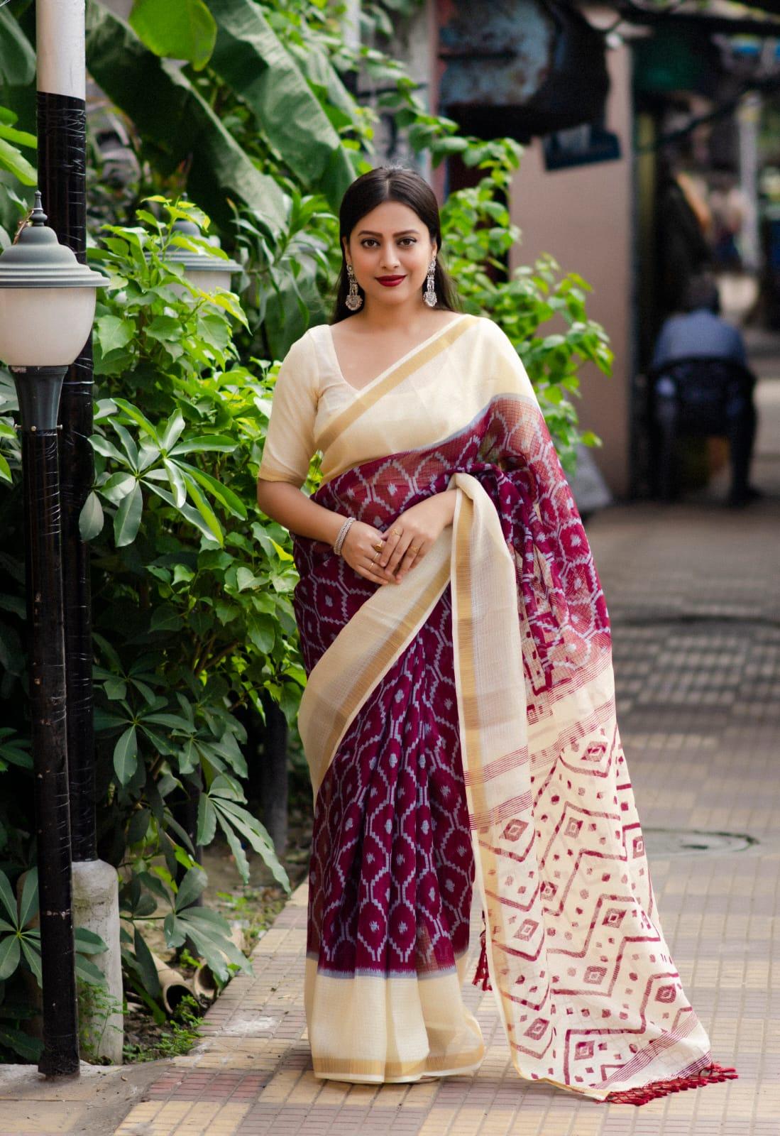 Maroon Polycotton Ethnic Motifs Saree with Unstitched Blouse - Hiral Fashion - Distacart