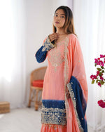 Thumbnail for The52 Women's Beautiful Chinon silk Fabric Embroidery Work Straight Kurta Palazzo and Dupatta Set - Distacart