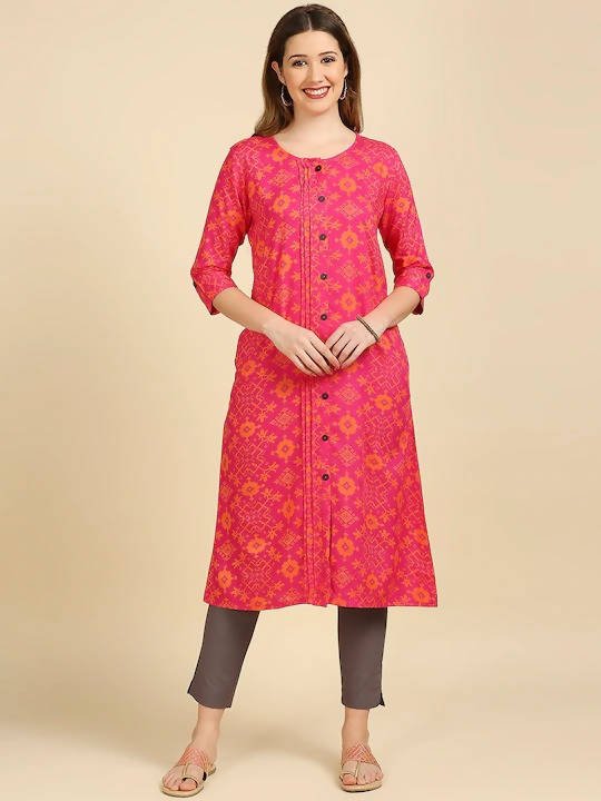 Anubhutee Pink & Orange Screen Print A-Line Kurta - Distacart