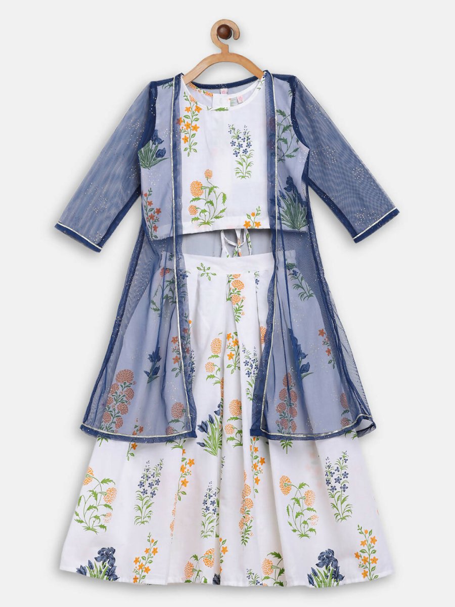 Ahalyaa Off White Cotton Printed Kids Top and Palazzo With Net Jacket For Girls - Distacart