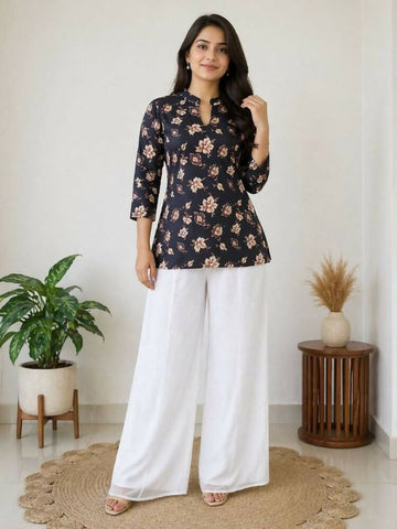 Teeya Creation Women Black Beige Floral Printed Cotton Kurti with White Wide-Leg Palazzo Set - Dista