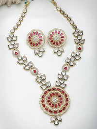 Thumbnail for NVR Women's Red & Gold Kundan Studded Handcrafted Jewellery Set - Distacart
