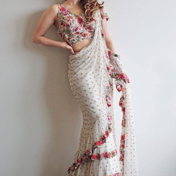 Lorenvalley Fashion White Faux Georgette Ruffle Saree with Fancy Sequence work & Blouse - Distacart